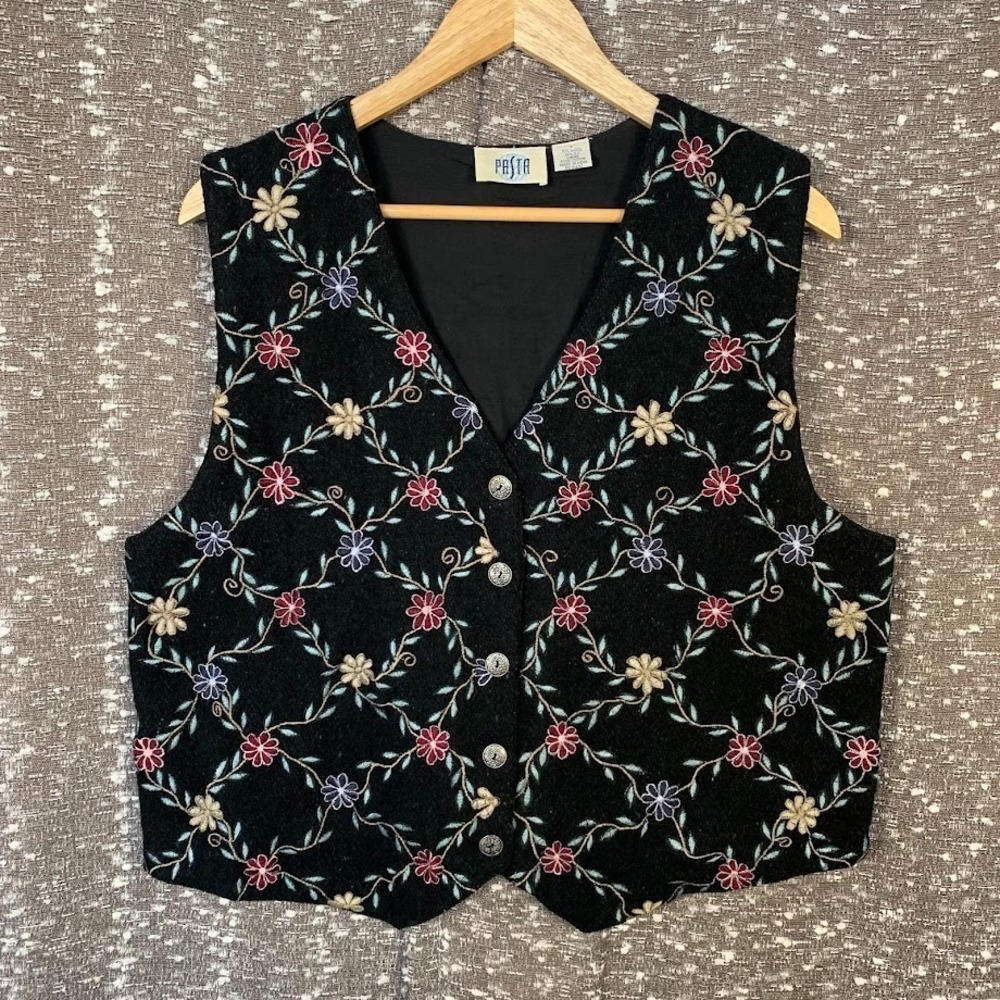 Vintage Pasta Floral Embroidered Vest Wool Blend Boho‎ Cottagecore Women's Large